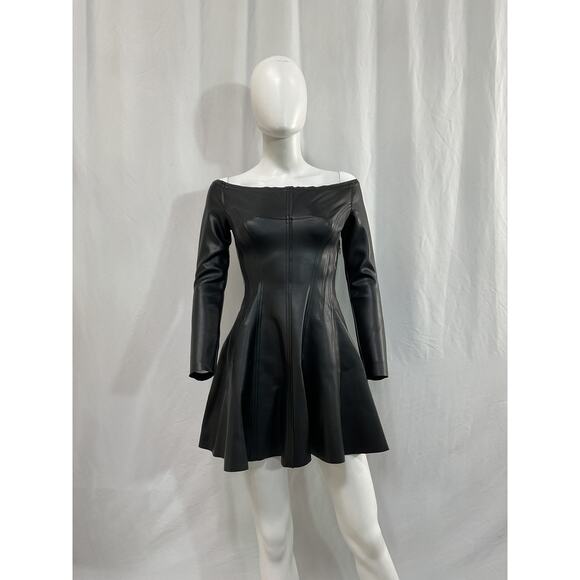 Norma Kamali x Revolve Black Faux Leather Off Shoulder 'Grace' Mini Dress Size M - Picture 2 of 5